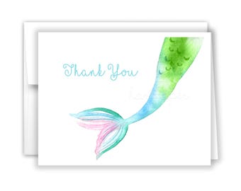 Mermaid Tail Thank You Personalized Cards • Folded Flat Card Stationery Custom Printed Notecard • Birthday Party Baby Shower  Boy Girl Kids
