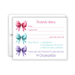 Bow Coquette Rainbow Fill In the Blank Thank You Cards Personalized Flat Stationery Custom Printed Notecard • Birthday Party Boy Girl Kids