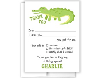 Alligator Crocodile Jungle Animals Fill In Blank Thank You Cards Personalized Flat Stationery Custom Notecard Birthday Party Boy Girl Kids