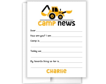 Construction Trucks Dump Hello from Camp Camping Note Personalized Cards Summer Cheer Scout Stationery Custom Care Package Gift Girl Boy