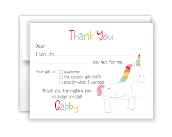 Rainbow Unicorn Fill In the Blank Thank You Cards Personalized • Flat Stationery Custom Printed Notecard • Birthday Party Boy Girl Kids