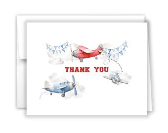 Airplane Planes Plane Thank You Personalized Cards • Folded Flat Card Stationery Custom Printed Notecard Birthday Party Baby Shower Boy Kids