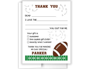 Football Sport Sports Fill In the Blank Lined Thank You Cards Personalized Flat Stationery Custom Notecard Birthday Party Boy Girl Kids