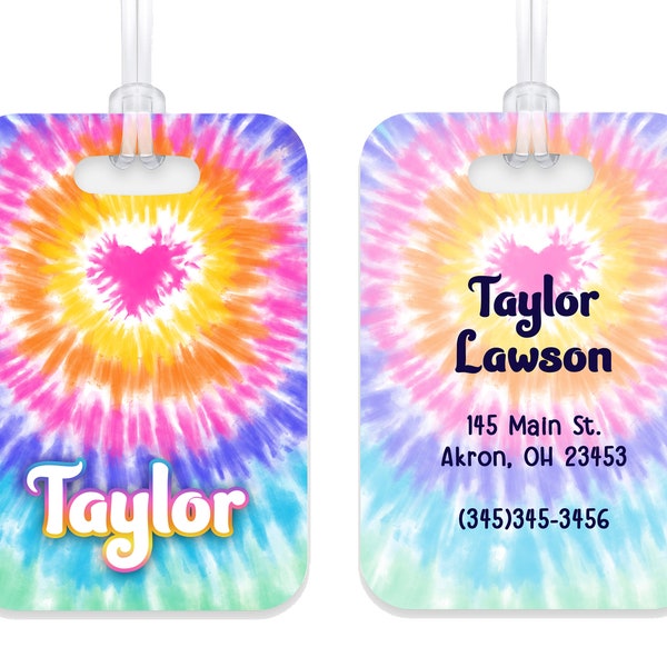 Tie Dye Rainbow Heart Personalized Luggage Bag Tag Plastic Aluminum  Custom Travel Birthday Girl Boy Gift Back to School Christmas Holiday