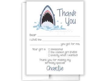 Shark Fill In the Blank Thank You Cards Personalized • Flat Stationery Custom Printed Notecard • Birthday Party Boy Girl Kids