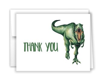 Dinosaur Dino T-Rex Thank You Personalized Cards • Folded Flat Card Stationery Custom Printed Notecard • Birthday Baby Shower Boy Girl Kids