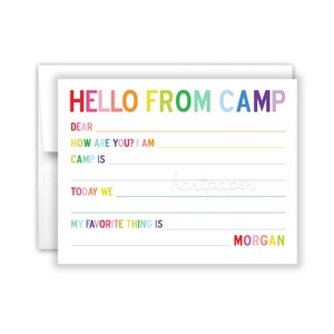 Rainbow Hello from Camp Camping Note Personalized Cards Summer Cheer Scout • Flat Stationery Custom • Care Package Gift Girl Boy