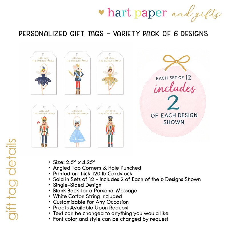 Punch Ront Dance Whimsical Ballet Personalized Gift Tags • Variety Pack of 6 Designs ...