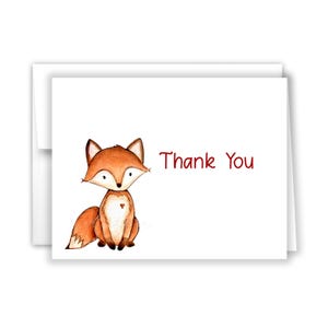 May include: A thank you card with a cute cartoon fox with a red heart on its chest. The card is white with red text that says "Thank You".