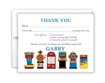 Arcade Game Gamer Fill In the Blank Thank You Cards Personalized • Flat Card Stationery Custom Printed Notecard Birthday Party Boy Girl Kids