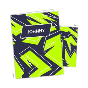 May include: A green and navy blue notebook cover with a geometric pattern and the name "JOHNNY" printed on the front.
