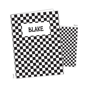 May include: A rectangular notebook featuring a black and white checkered pattern across the entire cover. A white rectangular label is centered on the front cover with the name BLAKE printed in black capital letters. The back cover is also visible.