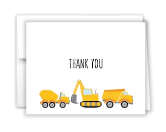Tarjetas de agradecimiento personalizadas con temática de camiones de construcción • Papelería de tarjetas plegables impresas a medida • Fiesta de cumpleaños, baby shower, niño o niña