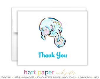 Manatee Thank You Personalized Cards • Folded Flat Card Stationery Custom Printed Notecard • Birthday Party Baby Shower Girl Boy Kids