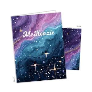 May include: A folded greeting card featuring a watercolor galaxy design in shades of deep purple, blue, and teal. The front displays the name McKenzie in white script lettering, surrounded by gold and white stars. The back shows a matching pattern.