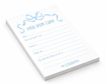 Hello from Camp Bow Coquette Blue Ribbon Notepad Personalized Fill Blank Lined Camping Summer Scout Note Stationery Custom • Boy Gift Girl
