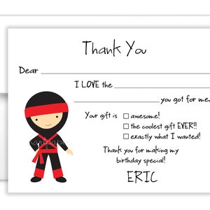 Ninja Karate Fill In the Blank Thank You Cards Personalized • Flat Card Stationery Custom Printed Notecard • Birthday Party  Boy Girl Kids