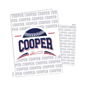 May include: A baseball-themed design featuring the name "COOPER" in navy blue and red, with a baseball and bat graphic. The design is repeated in a light gray pattern on the background. The word "Back" is visible on the right side.