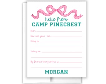 Hola desde Camp Bow Coquette Cinta rosa Nota de camping Tarjetas personalizadas Summer Cheer Scout Papelería Paquete de cuidado personalizado Regalo Niña Niño