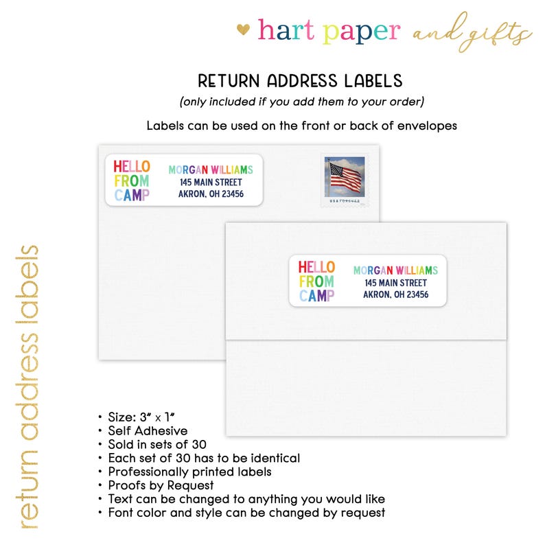 May include: Rectangular self-adhesive return address labels measuring 3 inches by 1 inch. The labels feature the text HELLO FROM CAMP in multicolored letters and the name and address MORGAN WILLIAMS 145 MAIN STREET AKRON OH 23456 in black.