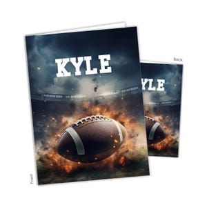 May include: A football card with a dark blue background and a football flying through the air. The card has the name "KYLE" in white letters at the top.