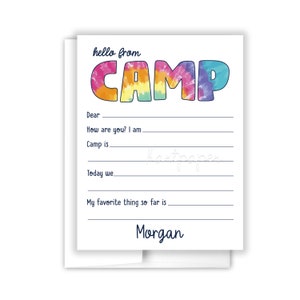 Tie Dye Hello from Camp Lined Camping Note Personalized Cards Summer Cheer Scout Flat Folded Stationery Custom • Care Package Gift Girl Boy