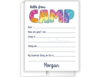 Tie Dye Hello from Camp Lined Camping Note Personalized Cards Summer Cheer Scout Flat Folded Stationery Custom • Care Package Gift Girl Boy