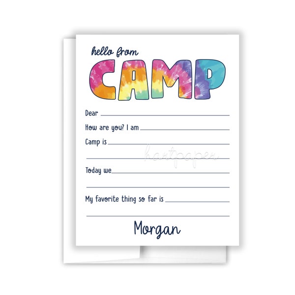 Tie Dye Hello from Camp Lined Camping Note Personalized Cards Summer Cheer Scout Flat Folded Stationery Custom • Care Package Gift Girl Boy