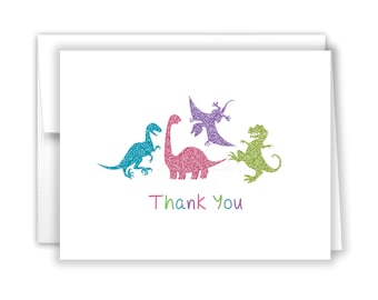 Dinosaur Dino T-Rex Rainbow Girl Thank You Personalized Cards • Folded Flat Card Stationery Custom Printed Notecard • Birthday Baby Shower