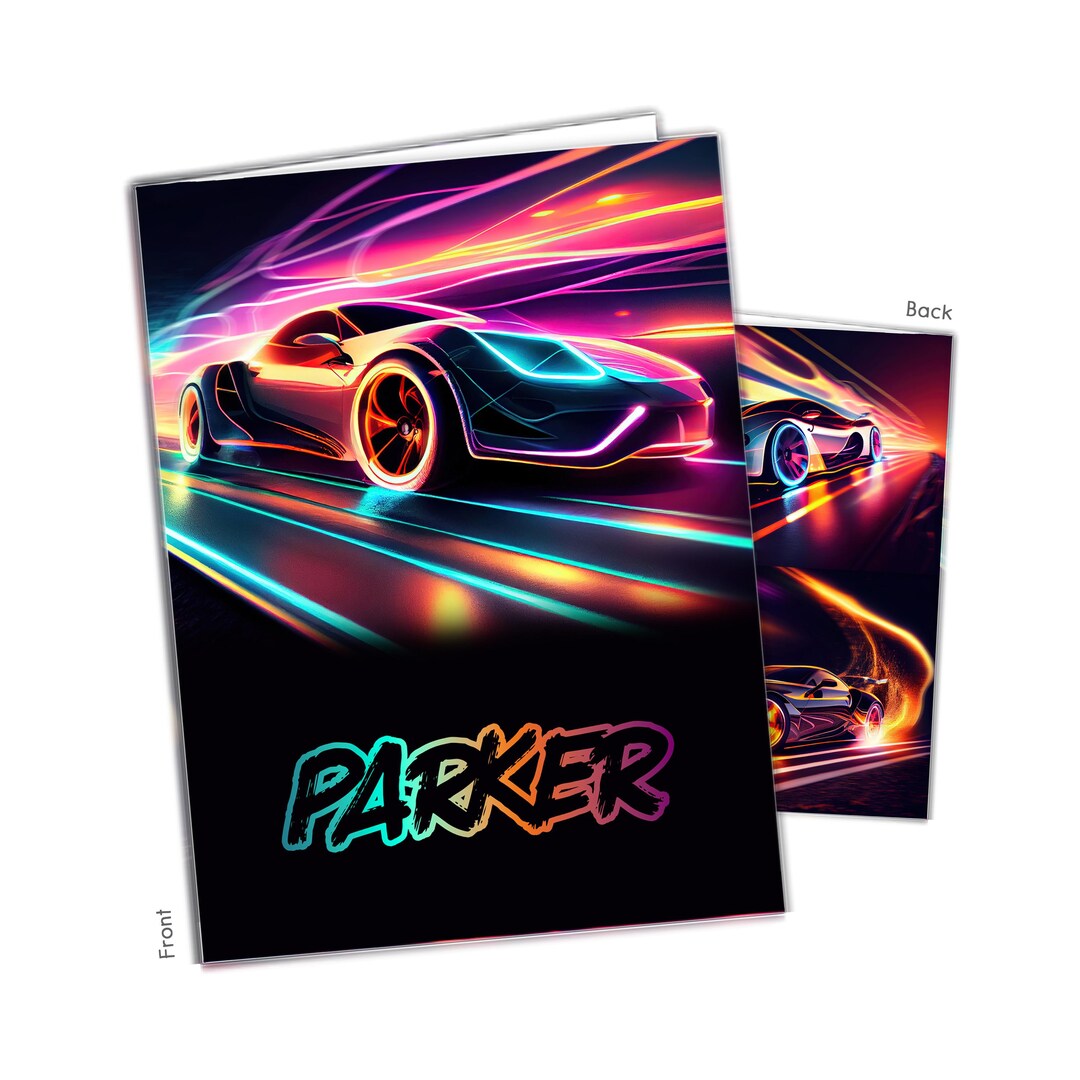 File Folder Racing Cars Neon Race Car Transportation Personalized Folder 2 Pocket Back School ...