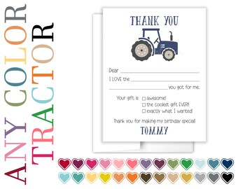 Tractor Fill In the Blank Thank You Cards Personalized • Flat Card Stationery Custom Printed Notecard • Birthday Party Boy Girl Kids