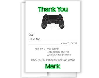 Video Game Gamer Fill In the Blank Thank You Cards Personalized • Flat Card Stationery Custom Printed Notecard Birthday Party Boy Girl Kids