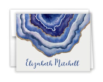 Navy Blue Agate Geode Thank You Cards • Folded Flat Note Stationery Personalized Custom Printed Notecard • Birthday Shower Bridal Wedding