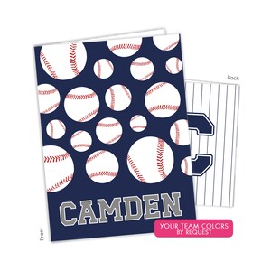 May include: A blue card with a baseball pattern and the name CAMDEN in gray letters. The back of the card has a white and blue baseball field pattern. The text "YOUR TEAM COLORS BY REQUEST" is at the bottom of the card.