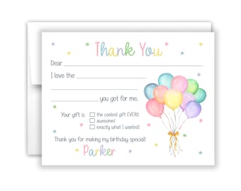 Balloons Rainbow Balloon Fill In the Blank Thank You Cards Personalized Flat Stationery Custom Printed Notecard Birthday Party Boy Girl Kids