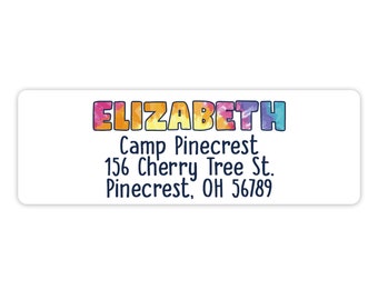 Rainbow Tie Dye Summer Camp Camping Return Address Labels Personalized Custom Printed Self Sticker Cheer Scout Church Care Package Girl Boy