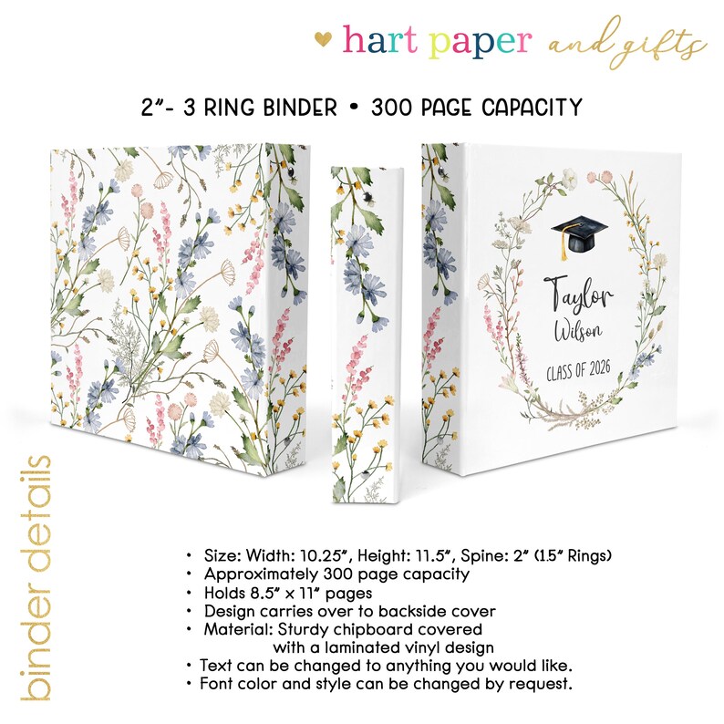 Binder Graduating Class Boho Wildflower Wild Flower Graduation Class 2026 3 Ring Binder 2 ...
