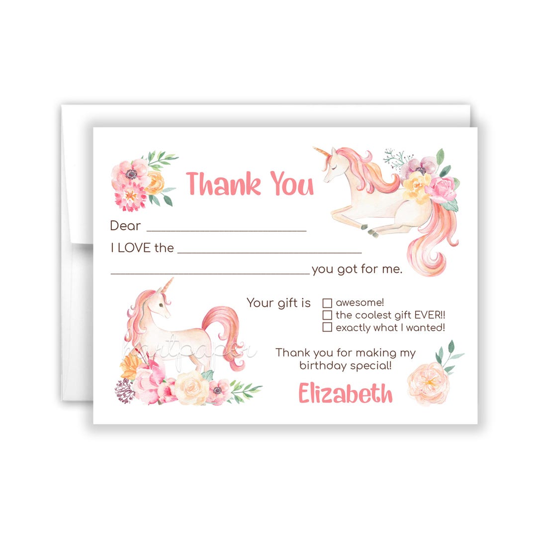 Rainbow Unicorn Fill in the Blank Thank You Cards Personalized • Flat ...