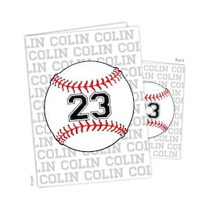 May include: White baseball-themed cards with red stitching, black numbers, and the name "COLIN" in a repeating pattern. The front card displays the number "23", while the back card shows the number "3".