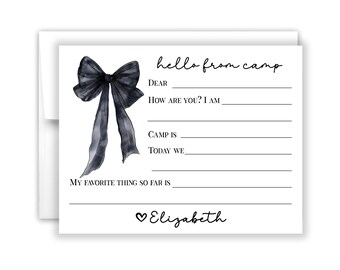 Hello from Camp Bow Black Coquette Ribbon Camping Note Personalized Cards Summer Cheer Scout Stationery Custom Care Package Gift Girl Boy