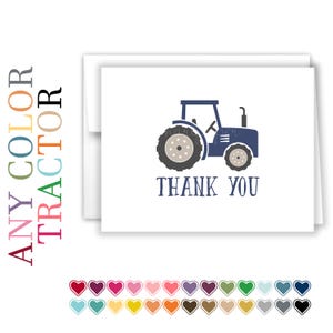 May include: A blue tractor thank you card with the words "Thank You" printed in navy blue. The card is blank inside and can be personalized with a message.