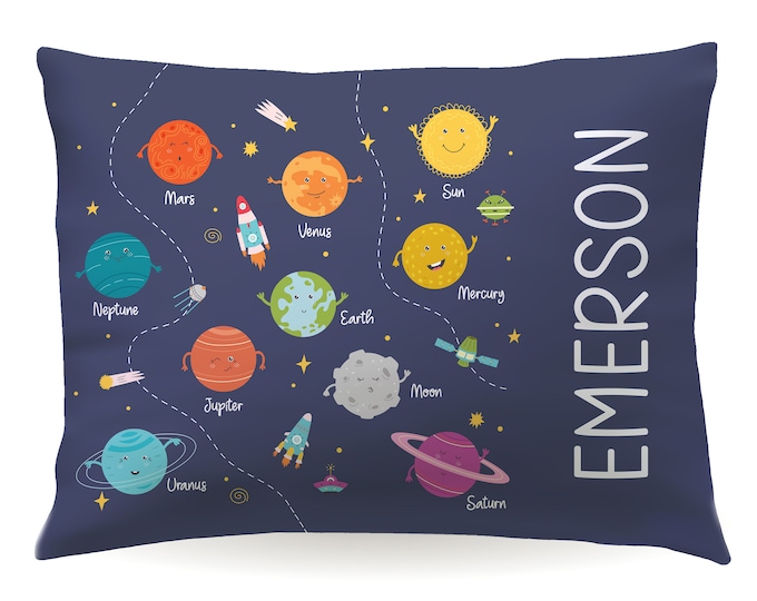 Personalized Planets Pillowcase Outer Space Solar System Galaxy Custom Pillow Case Cover 20x30 Toddler 13x18 Birthday Gift Kids Girl Boy