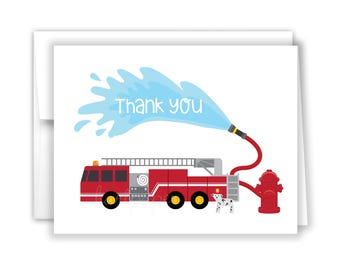 Fire Truck Firetruck Dalmatian Thank You Personalized Cards • Folded Flat Stationery Custom Printed Notecard • Birthday Party Baby Shower