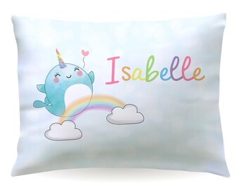 Personalized Rainbow Narwhal Pillowcase Sea Unicorn • Custom Pillow Case Cover 20x30 Toddler 13x18 • Birthday Gift Kids Children Girl Boy