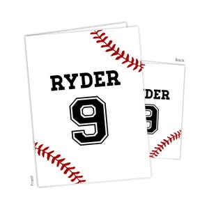 May include: White baseball-themed card with red stitching and the name "RYDER" and the number "9" in black.
