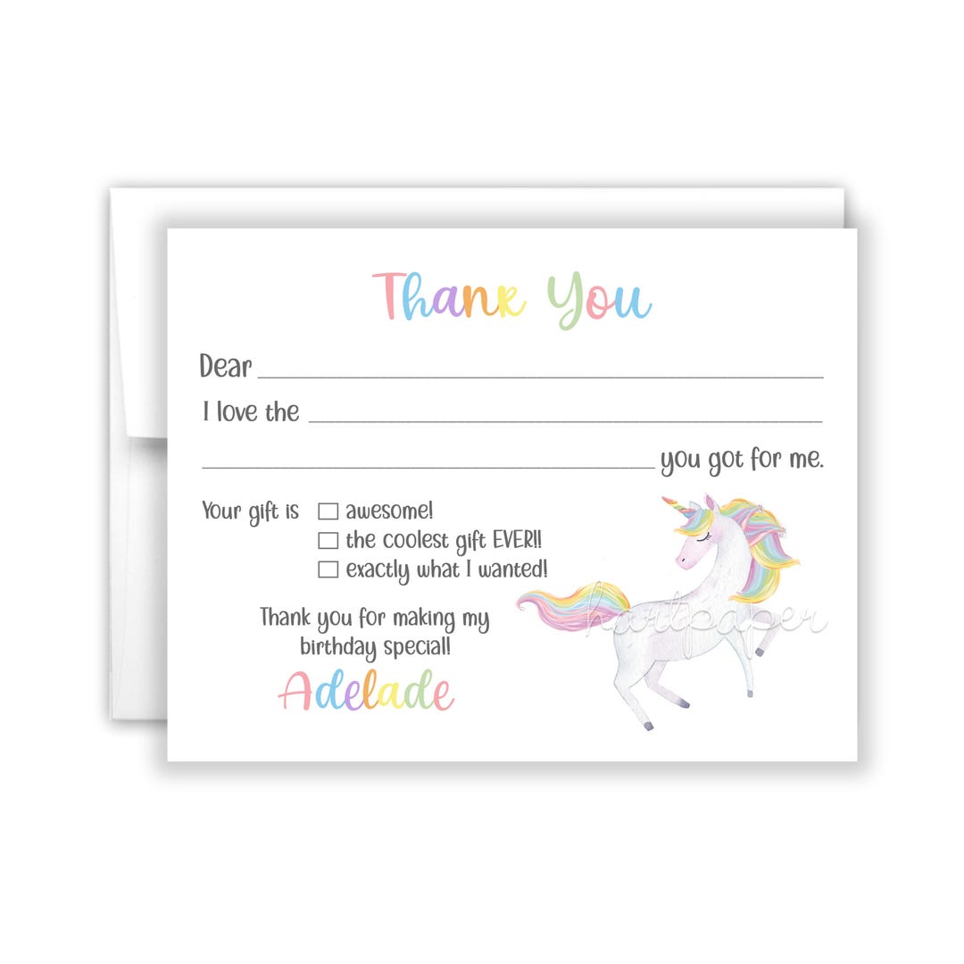 Rainbow Unicorn Fill in the Blank Thank You Cards Personalized • Flat ...