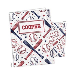 May include: A baseball-themed notebook and notepad set. The notebook features a white background with baseballs, bats, and stars in red and navy blue. The name "COOPER" is displayed in a red frame. The notepad has a matching design.