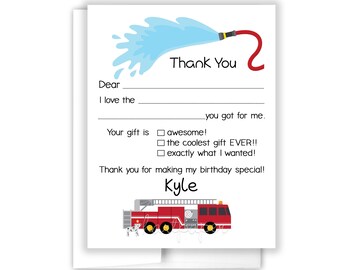 Firetruck Fire Truck Fill In the Blank Thank You Cards Personalized • Flat Stationery Custom Printed Notecard • Birthday Party Boy Girl Kids