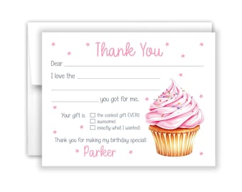 Cupcake Pink Fill In the Blank Thank You Cards Personalized Lined Flat Stationery Custom Printed Notecard Birthday Party Boy Girl Kids