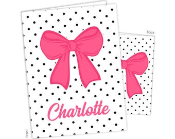 Pink Polka Dot Coquette Bow Black Personalized Folder 2 Pocket Back to School Supplies Custom Office Birthday Gift Holiday Girl Kids Dots